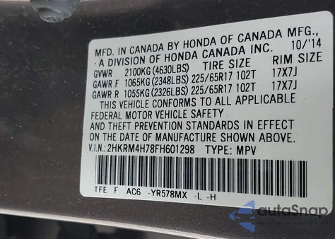 2015 Honda Cr-V Ex-L z USA, uszkodzony, nr VIN 2HKRM4H78FH601298